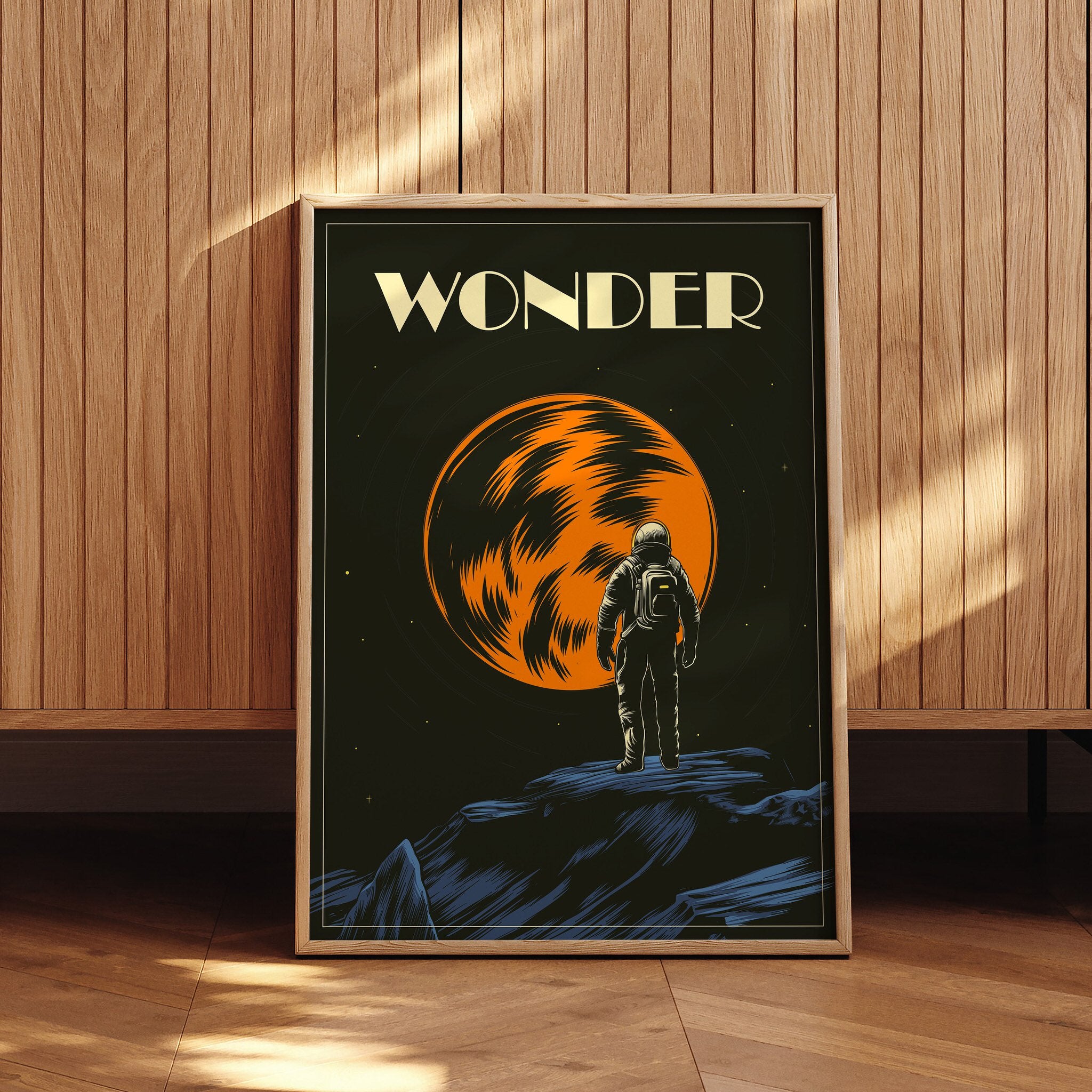 Futuristic poster featuring Wonder text and space scene
