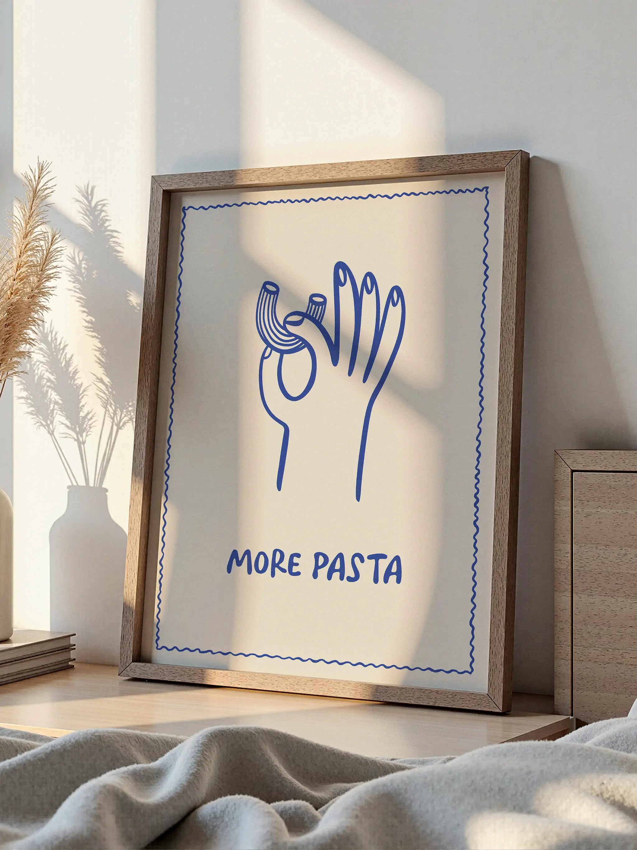 Minimalist blue line drawing of a hand making an Italian gesture with pasta, featuring "More Pasta" text
