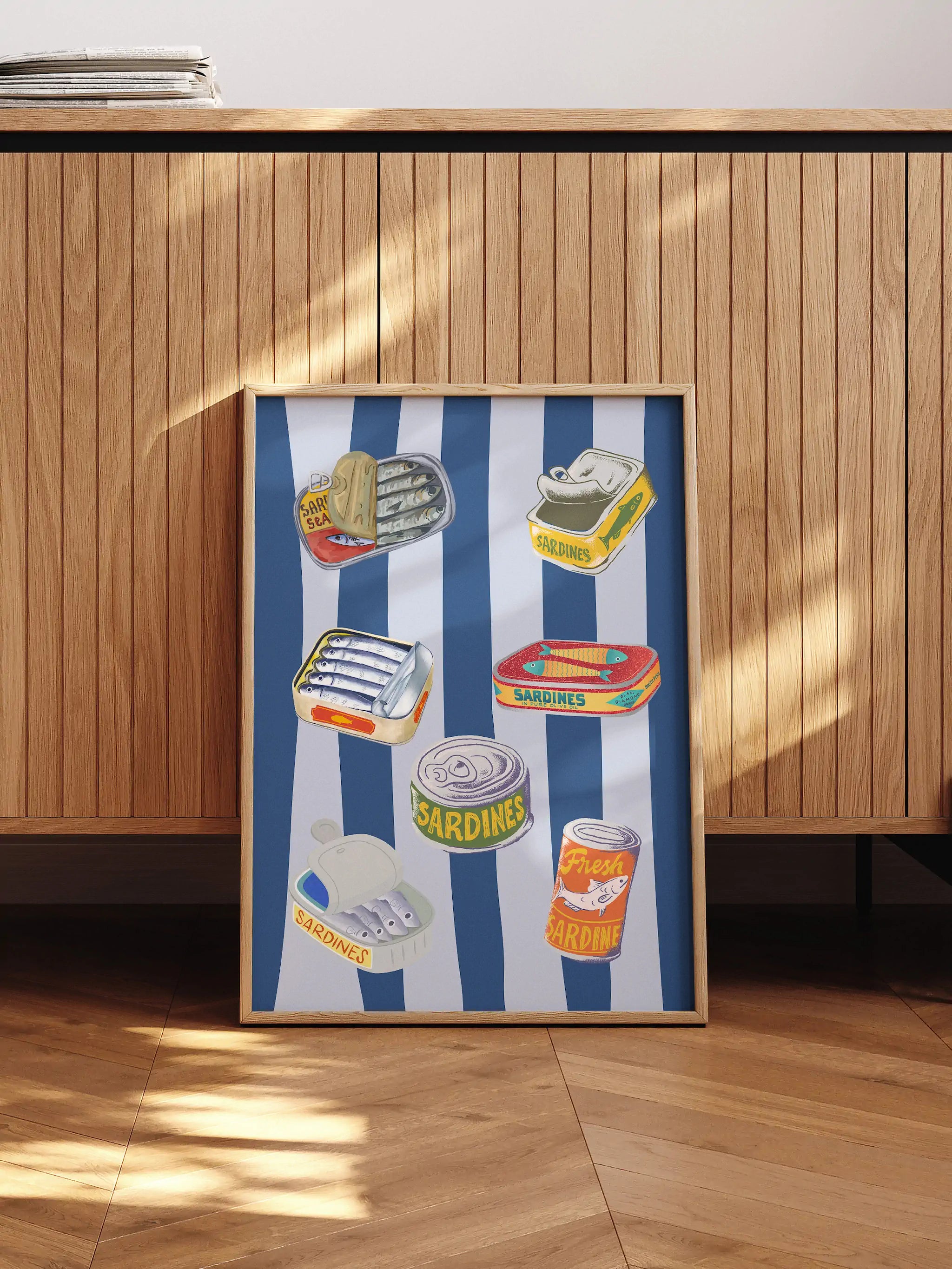 Playful sardine-themed artwork with a vintage-inspired canned fish design