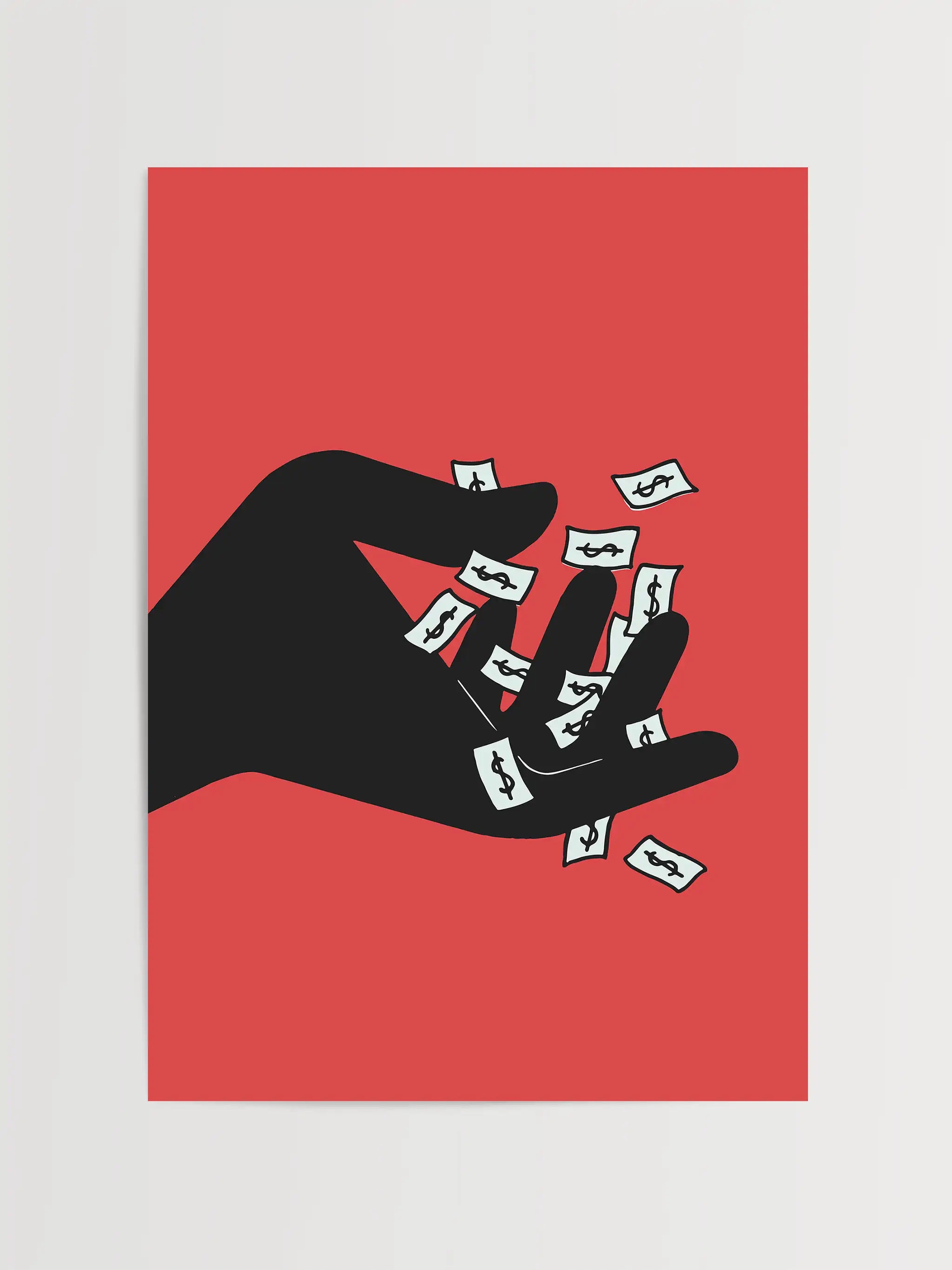 Minimalist red, black, and white illustration of a hand losing grip on falling money
